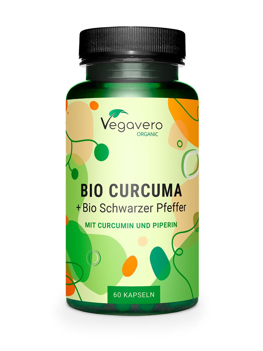 Grüne Flasche mit schwarzen Deckel. Aufschrift: BIO CURCUMA + Bio Schwarzer Pfeffer. 60 Kapseln.