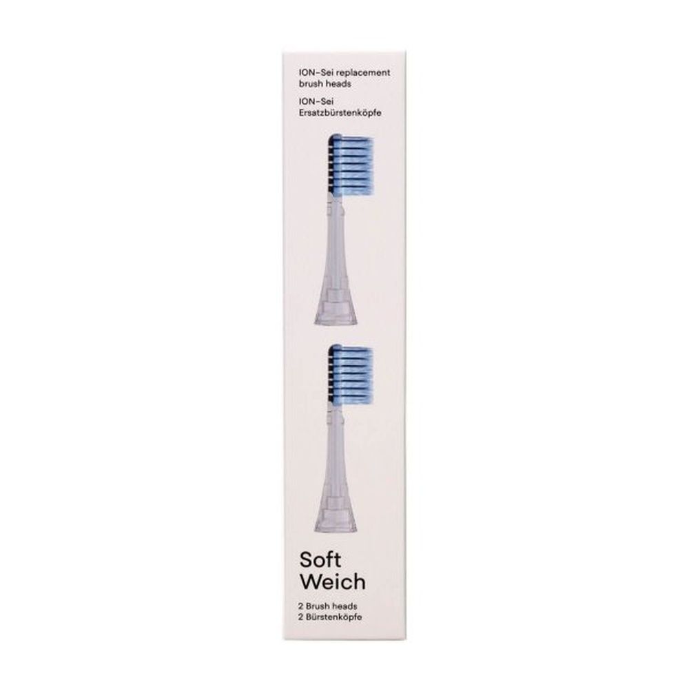 Verpackung mit zwei Ersatzbürstenköpfen. Text: ION-Sei, Soft, 2 Bürstenköpfe.