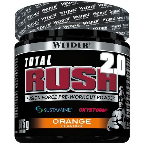 Schwarze Dose mit rotem "RUSH"-Schriftzug. "WEIDER"-Logo oben. "Orange"-Geschmack. 375g.