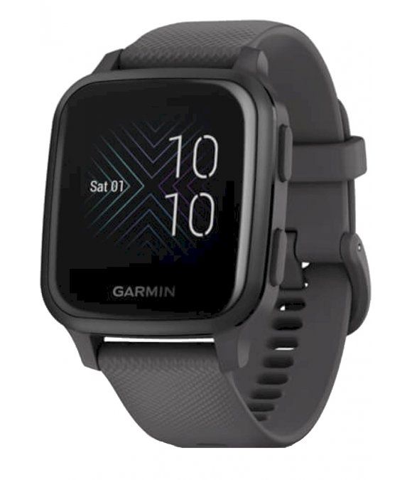 Graue Garmin Venu Sq Smartwatch. Quadratisches Display mit Uhrzeit. Schwarzes Gehäuse und Armband. Garmin-Logo.