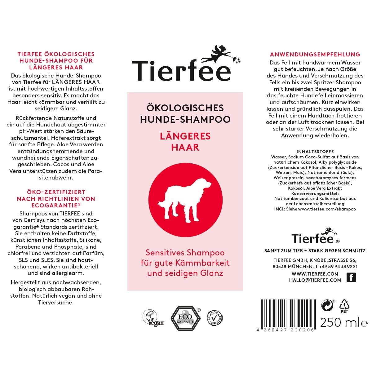 Tierfee Ökologisches Hunde-Shampoo für längeres Haar 250 ml