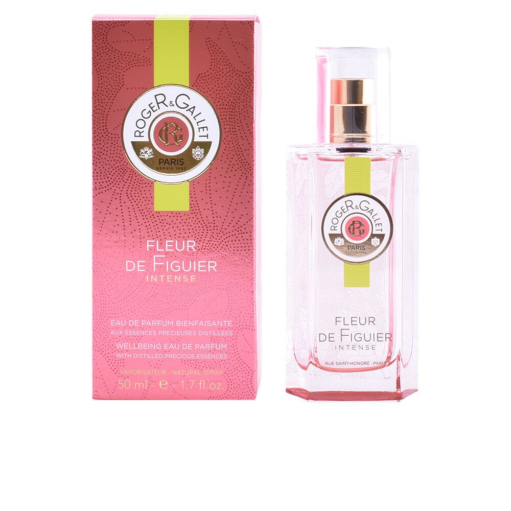 Rosa Flakon mit gelbem Streifen und Schriftzug FLEUR DE FIGUIER. Daneben eine rosa Schachtel mit Logo und Produktbezeichnung.