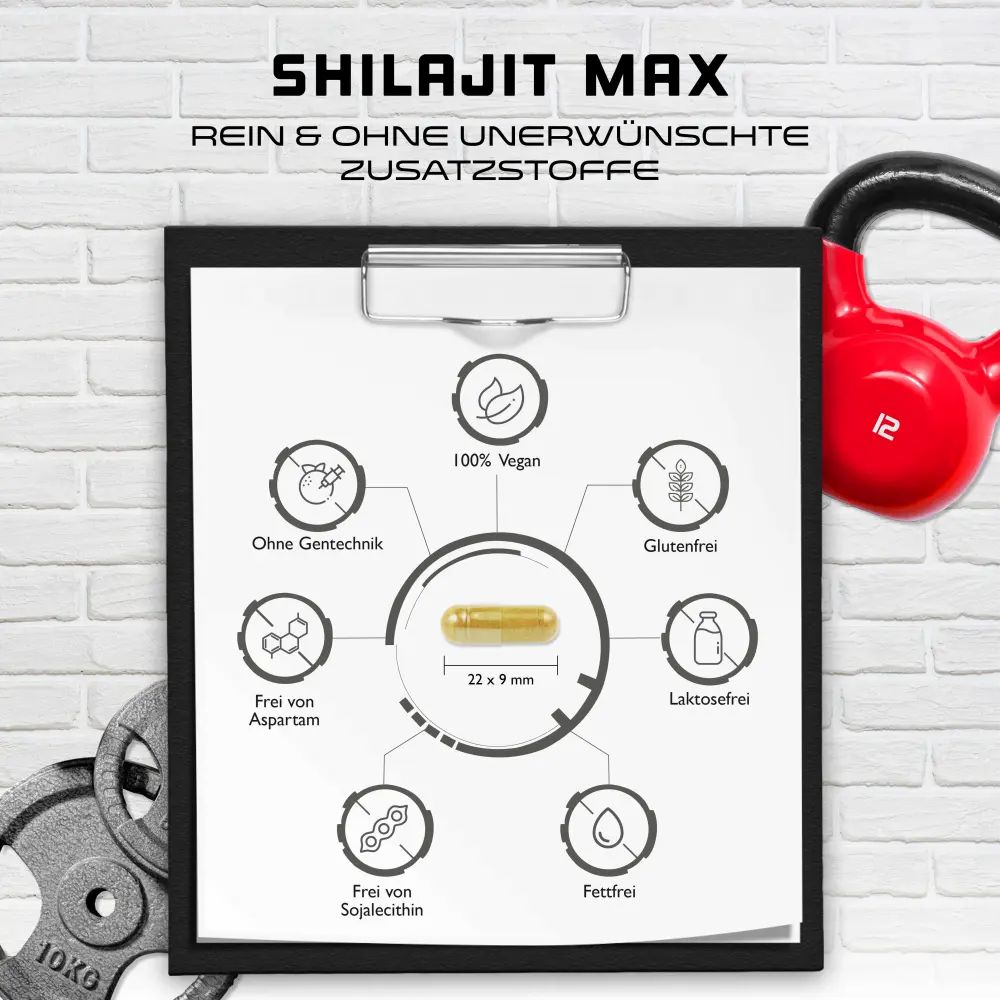 Infografik Shilajit Max. Kapsel mit 22x9mm. 100% vegan, ohne Gentechnik, glutenfrei, laktosefrei, ohne Aspartam, sojafrei, feedfrei.