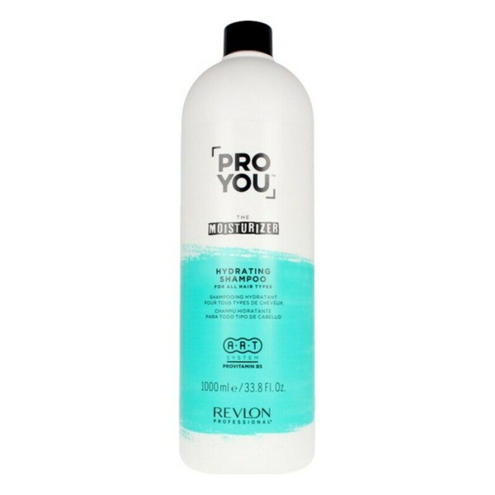 Weiße Flasche mit schwarzem Deckel. Aufschrift: PRO YOU The Moisturizer. Türkisfarbener Streifen mit Text. Revlon Professional.