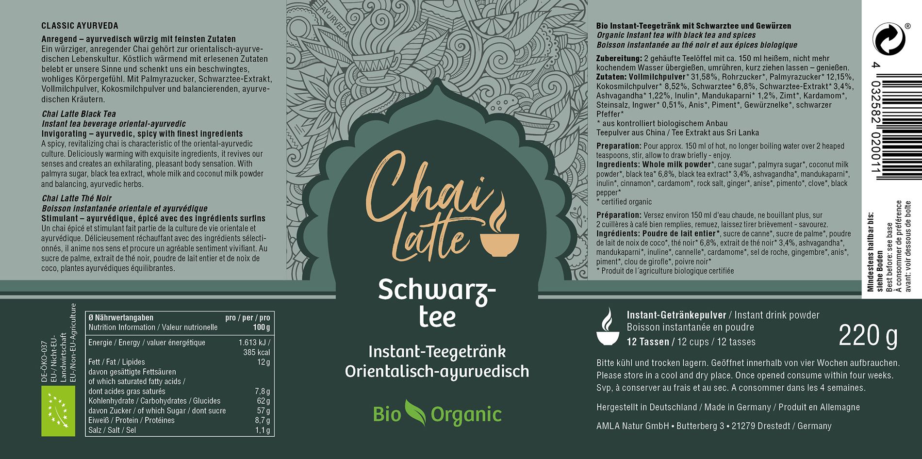 Etikett mit "Chai Latte Schwarztee"-Logo. Text in Deutsch und Englisch. "Bio Organic"-Siegel. Nährwertangaben und Zutatenliste.