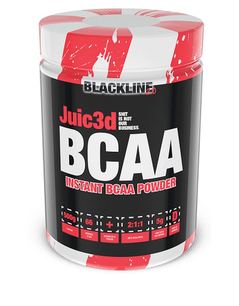 Schwarze Dose mit roter und weißer Aufschrift. Aufschrift: Juic3d BCAA Instant BCAA Powder. 500g, 2:1:1, 5g D.