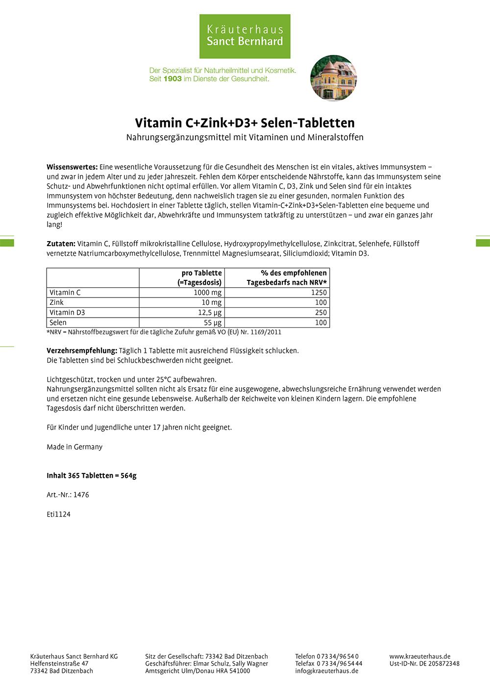 Sanct Bernhard Vitamin C+Zink+D3+Selen-Tabletten