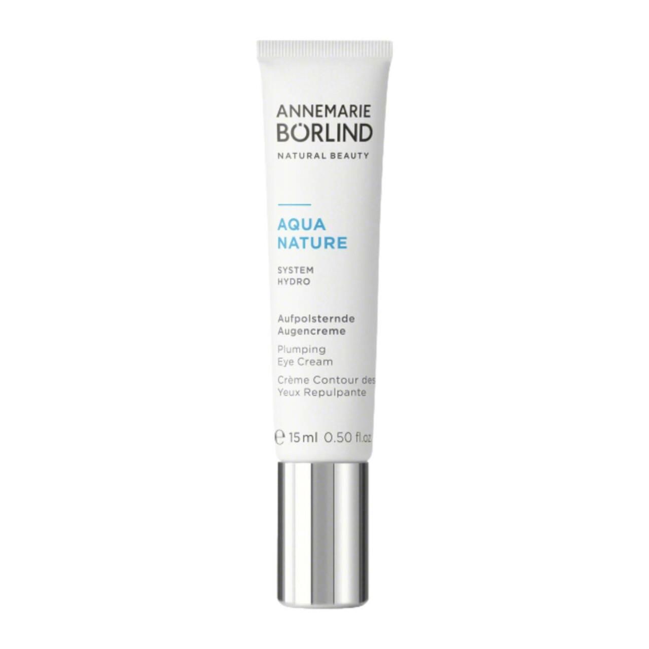 Weiße Tube mit silbernem Deckel. Aufschrift: ANNEMARIE BÖRLIND, AQUA NATURE, SYSTEM HYDRO, Augencreme, 15ml.