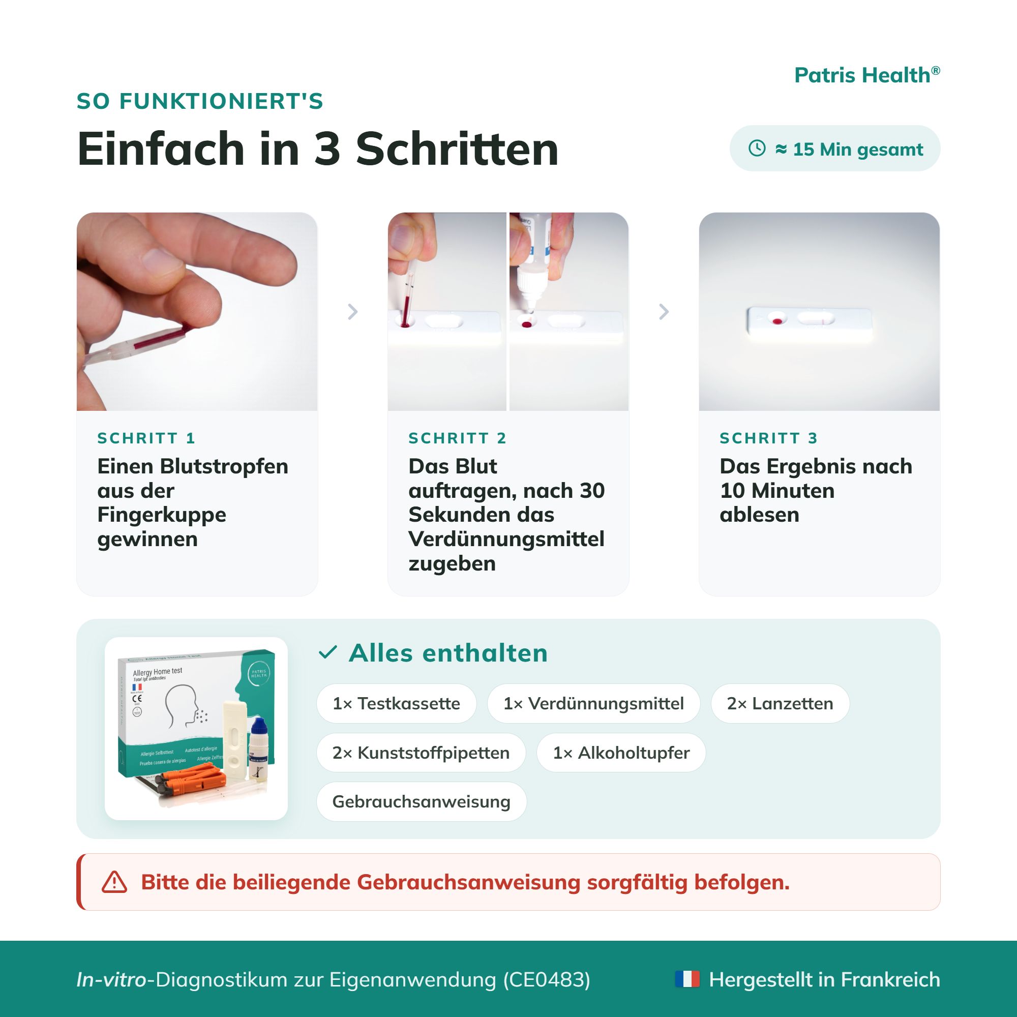 So funktioniert der Allergie-Heimtest: Blutstropfen gewinnen, Verdünnungsmittel zugeben, Ergebnis ablesen.