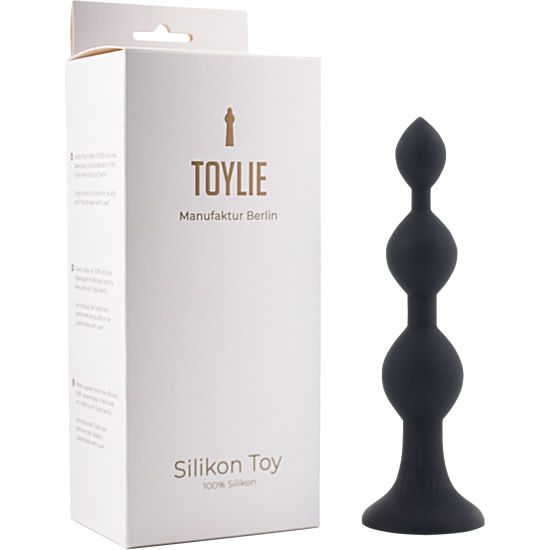 Dildo anale nero in silicone. Tre elementi sferici, conici. Confezione con scritta "TOYLIE" e "Silikon Toy".