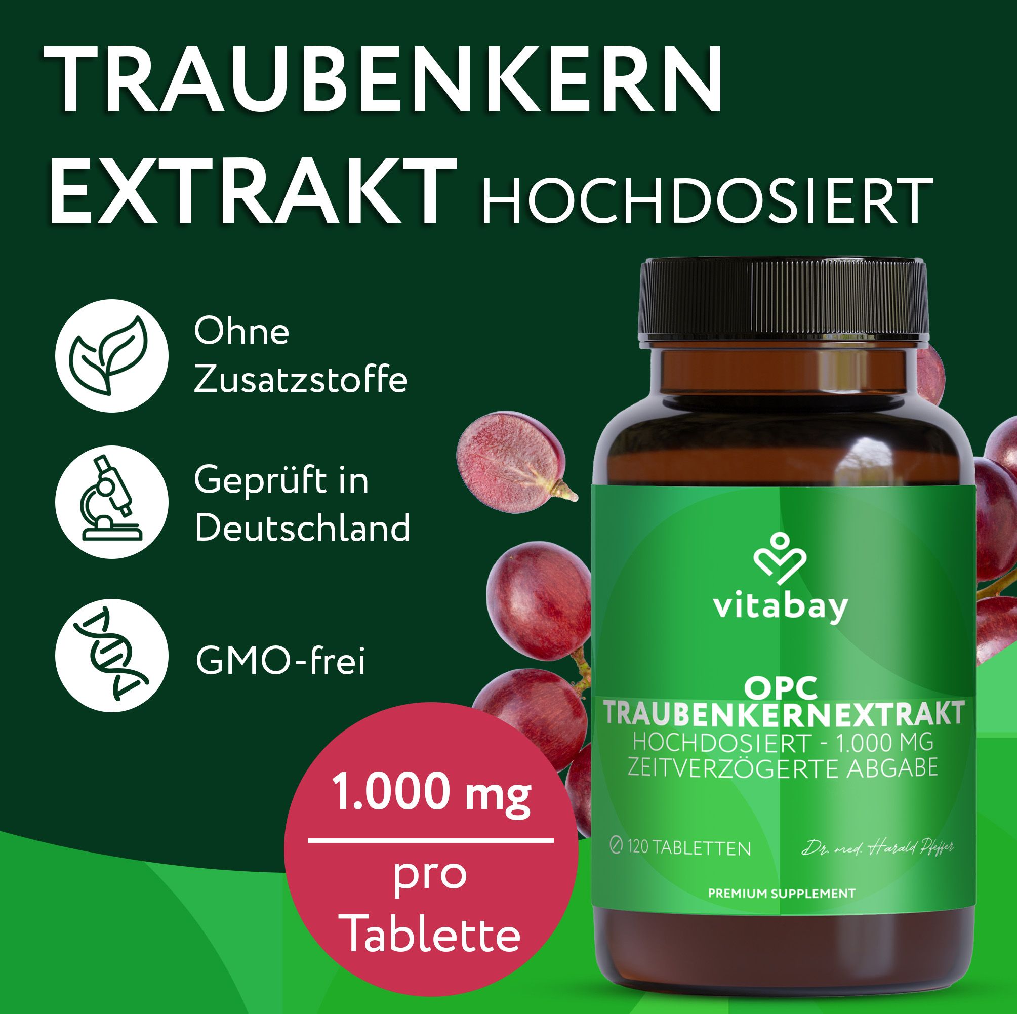 Flasche OPC Traubenkernextrakt. Text: 1.000 mg pro Tablette, 120 Tabletten. Vitabay Logo.
