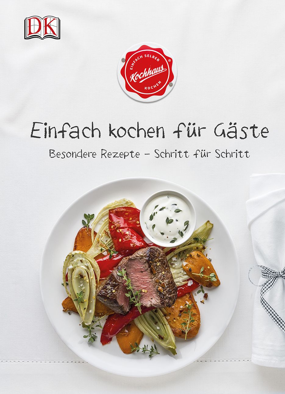 Buchcover mit Titel: Einfach kochen für Gäste. Auf einem Teller: Fleisch, Gemüse und Sauce. Logo: Kochhaus.