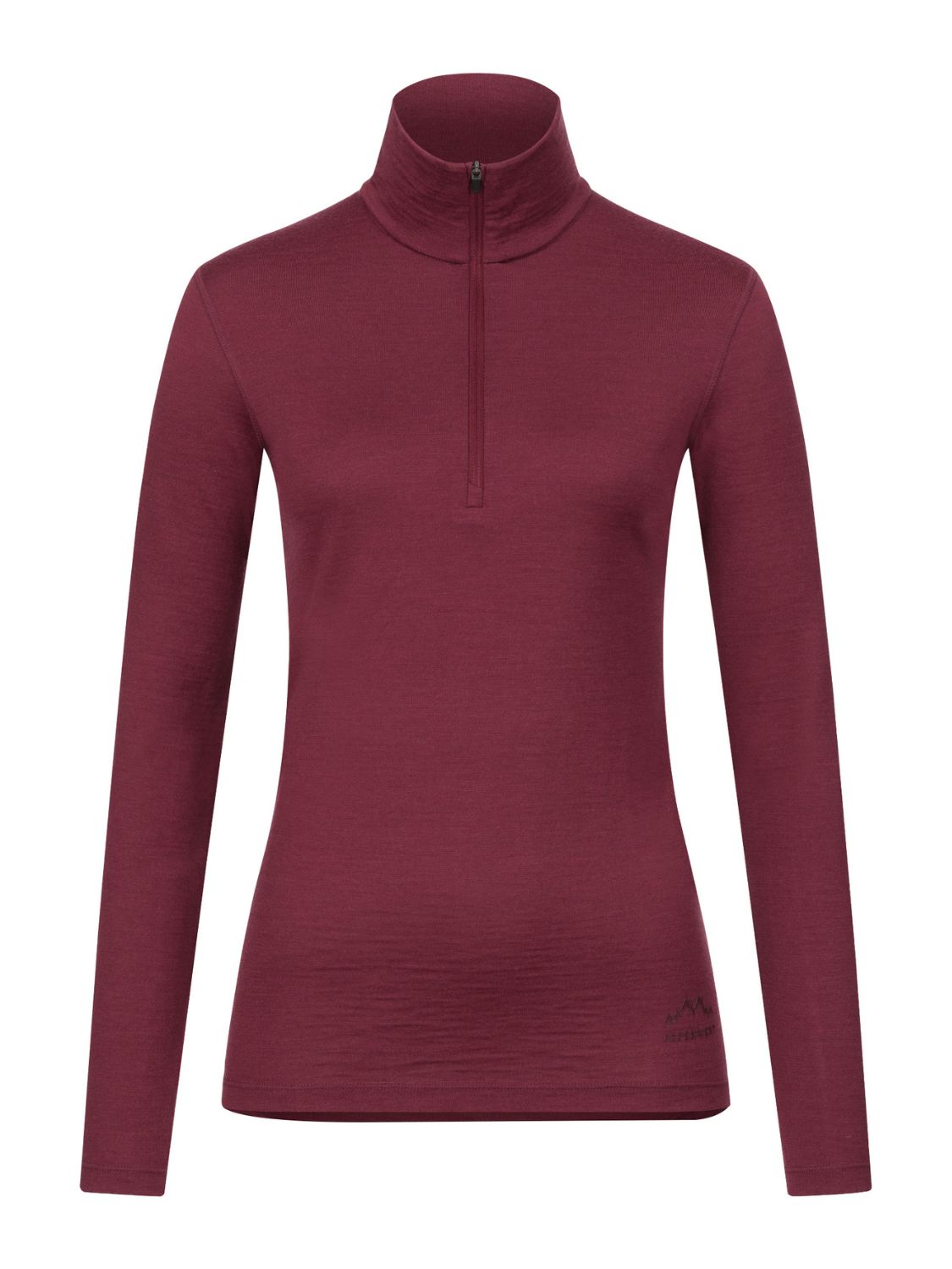 Damen Zip Longsleeve aus 100% Merinowolle in Beerenrot, Frontansicht.