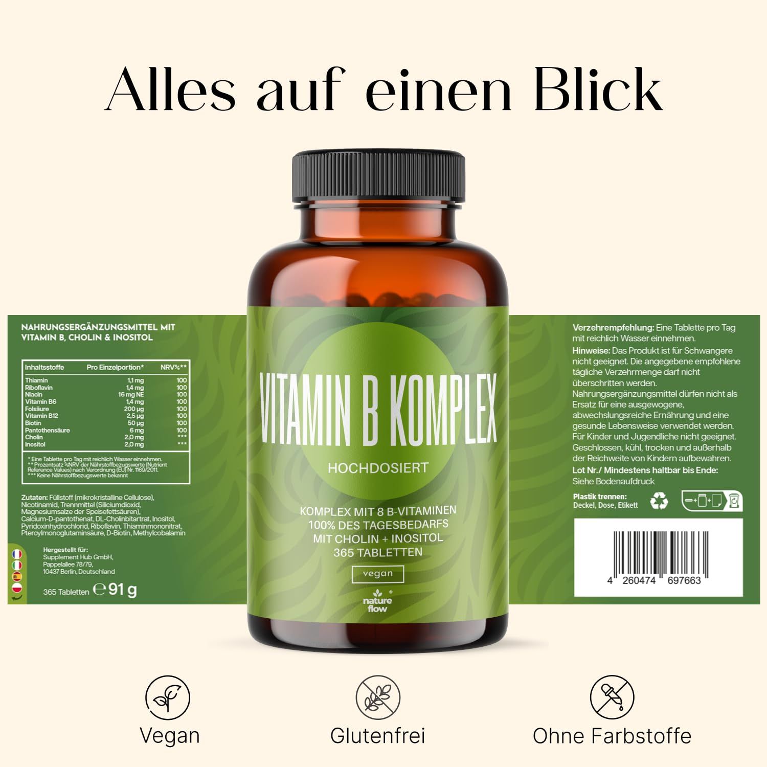 Braune Glasflasche mit grünem Etikett. Aufschrift: Vitamin B Komplex. Text mit Nährwertangaben und Warnhinweisen. Vegan, glutenfrei.