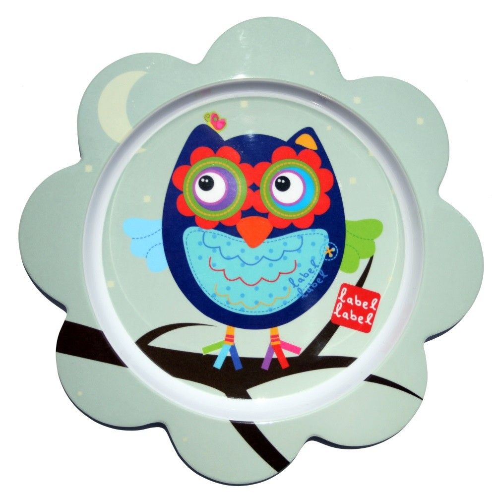 Teller mit Eulenmotiv. Blümchenförmiger Rand. Eule mit bunten Farben und Label-Label-Logo.