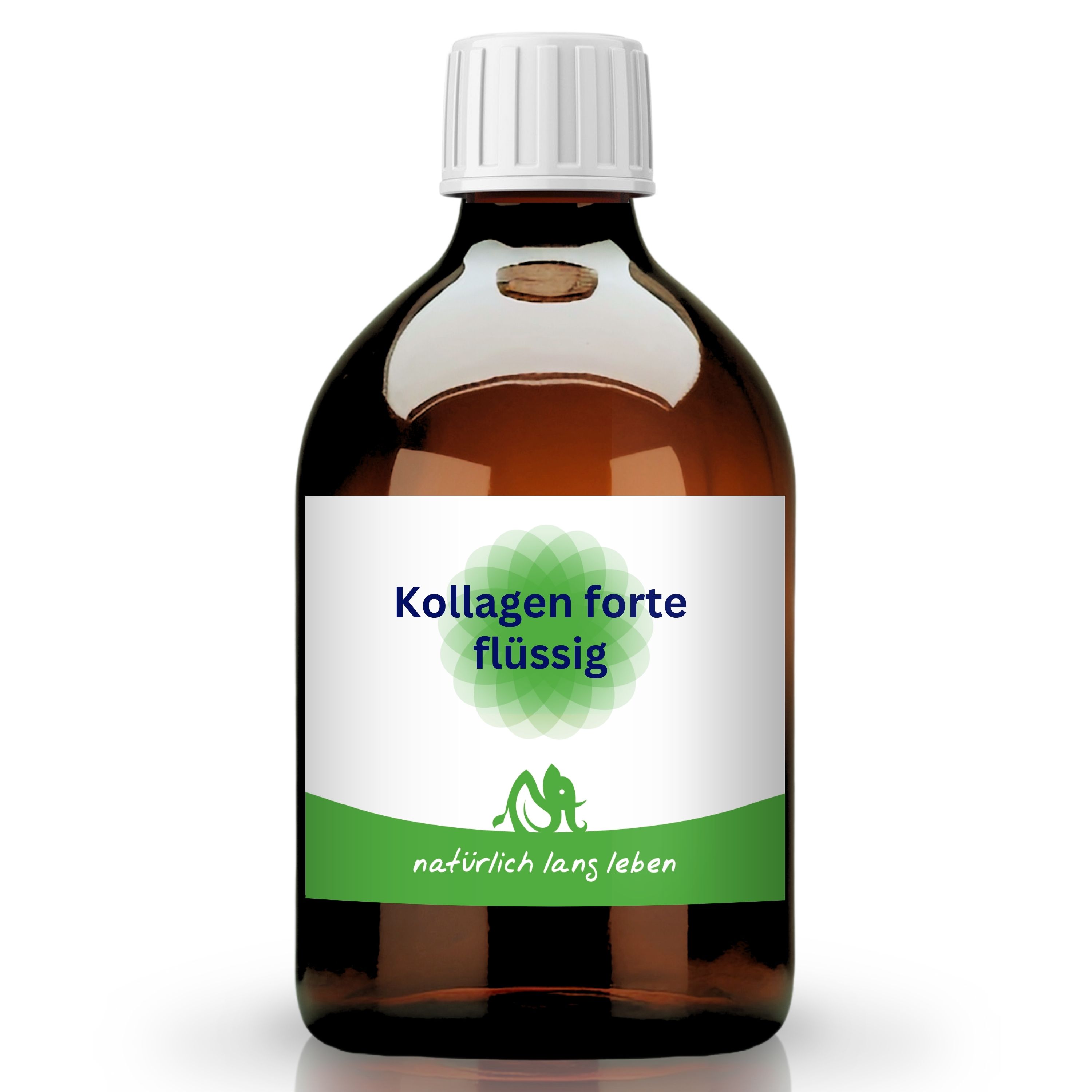 Braune Glasflasche mit weißem Etikett. Aufschrift: Kollagen forte flüssig. Grünes Logo und Schriftzug: natürlich lang leben.