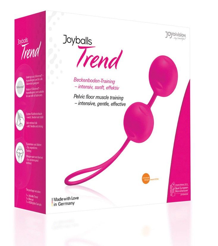 Verpackung von Joyballs Trend pink. Zwei Kugeln mit Verbindungsstück und Schlaufe. Text: Beckenboden-Training.