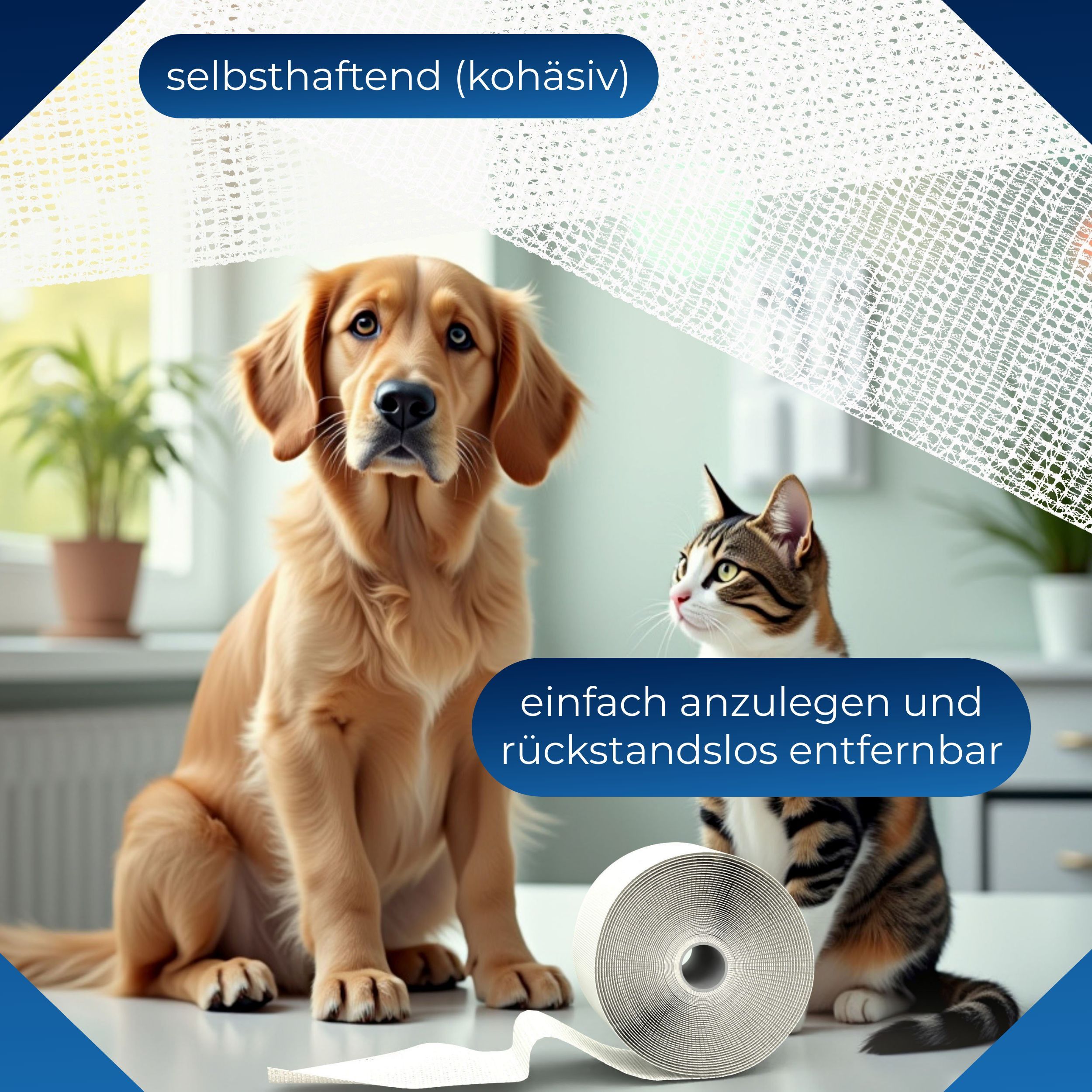 Weißes, selbsthaftendes Verbandmaterial. Hund und Katze sitzen daneben. Text: einfach anzulegen und rückstandslos entfernbar.