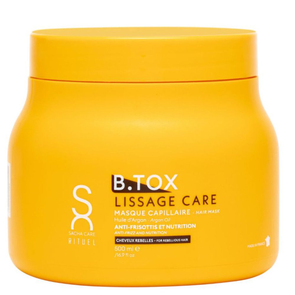 Gelbe Dose mit Deckel, Produktname B.Tox Lissange Care. Aufschrift: Anti-Frizz und Ernährung. 500 ml.