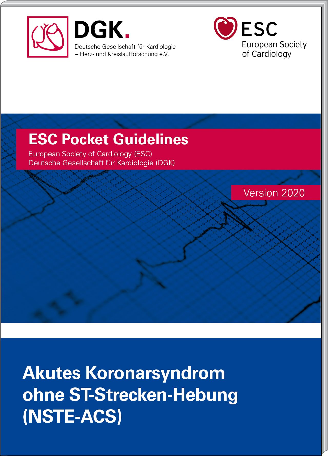 Buchcover mit Titel: Akutes Koronarsyndrom ohne ST-Strecken-Hebung (NSTE-ACS). Logos von DGK und ESC. Version 2020.