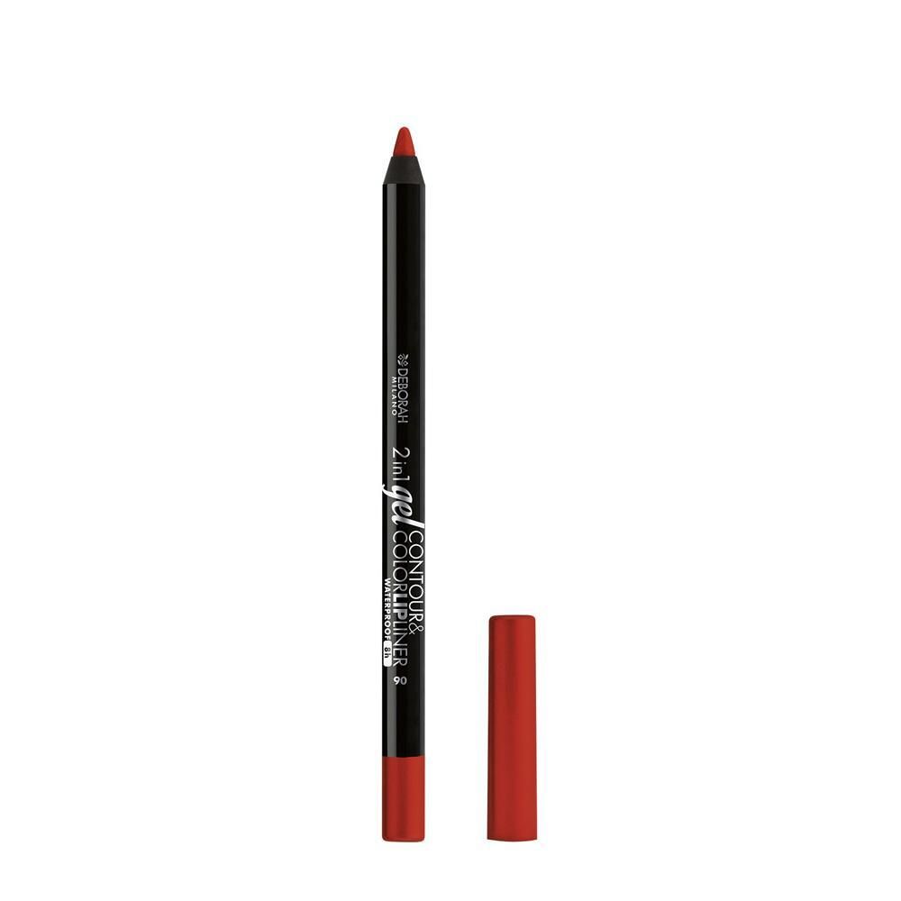 Lippenkonturenstift mit roter Mine und Kappe. Schwarzer Stift mit weißer Schrift. Produktname sichtbar.