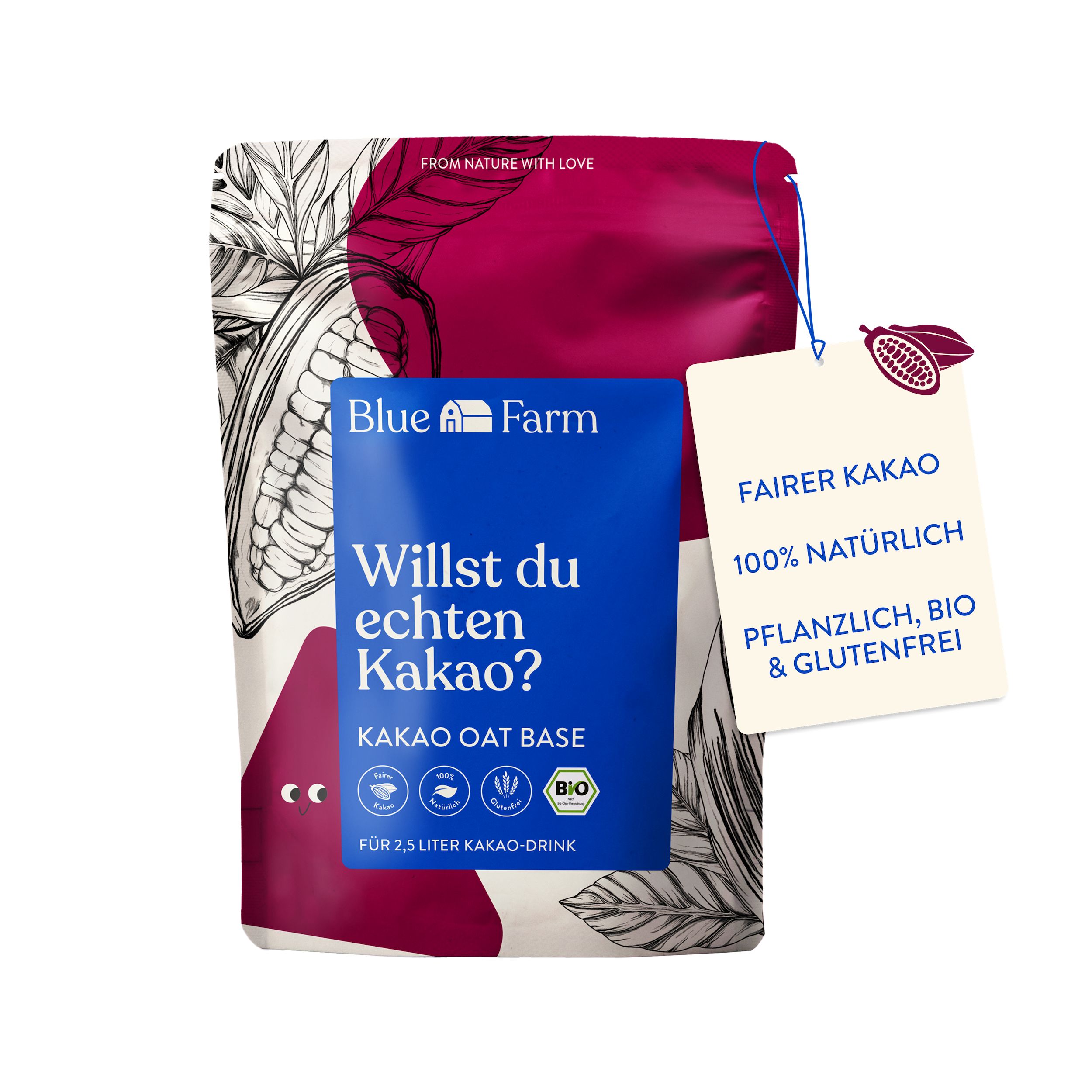 Beutel mit Blue Farm Kakao Oat Base. Aufschrift: Willst du echten Kakao? Bio-Siegel. Anhänger: Fairer Kakao, 100% natürlich.