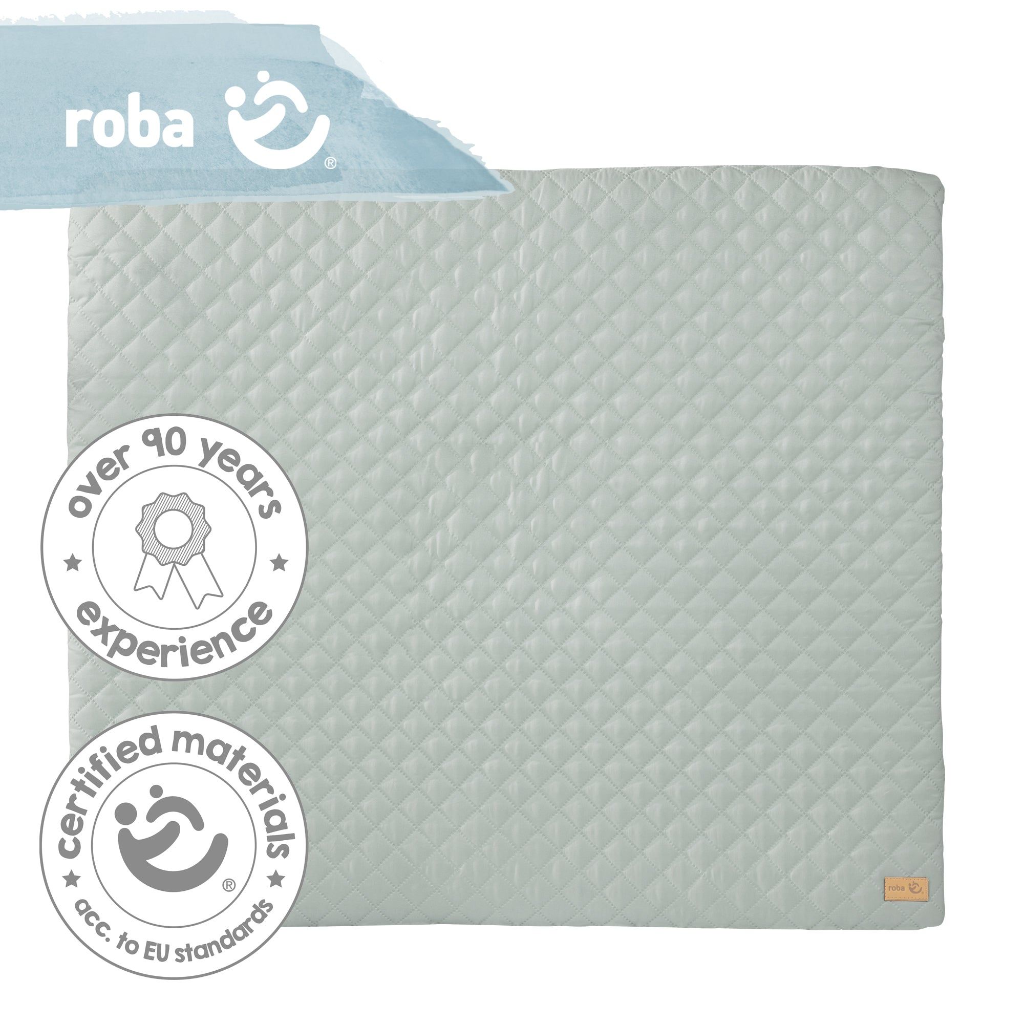 Hellgrüne, gesteppte Wickelauflage. Logo 'roba'. Zertifizierungen: 'over 90 years experience', 'certified materials'.
