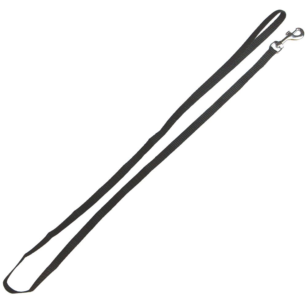 Schwarze Nylon-Leine mit Karabinerhaken und Handschlaufe.