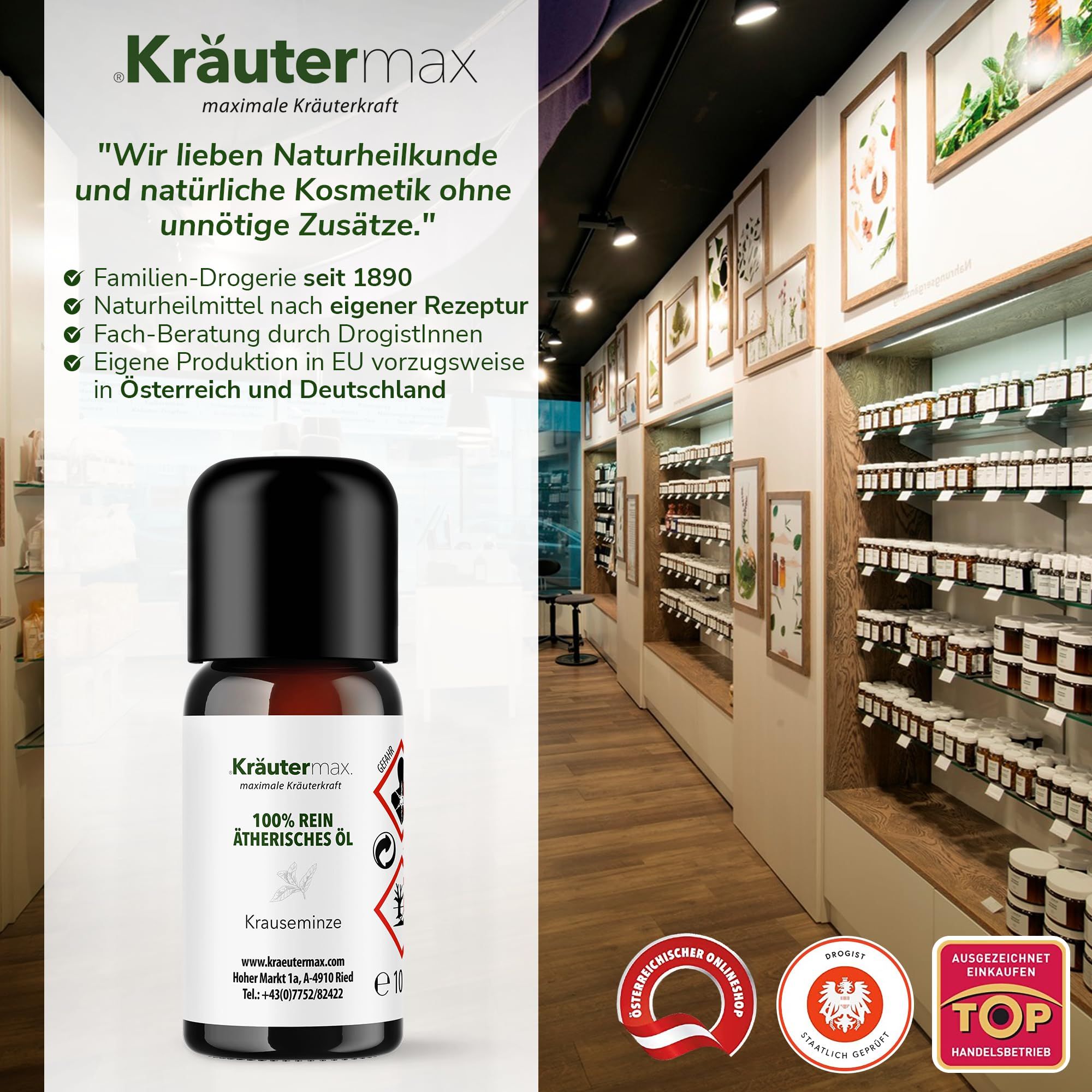 Braune Glasflasche mit schwarzem Deckel. Etikett mit Kräutermax-Logo. In einer Drogerie mit Regalen im Hintergrund.