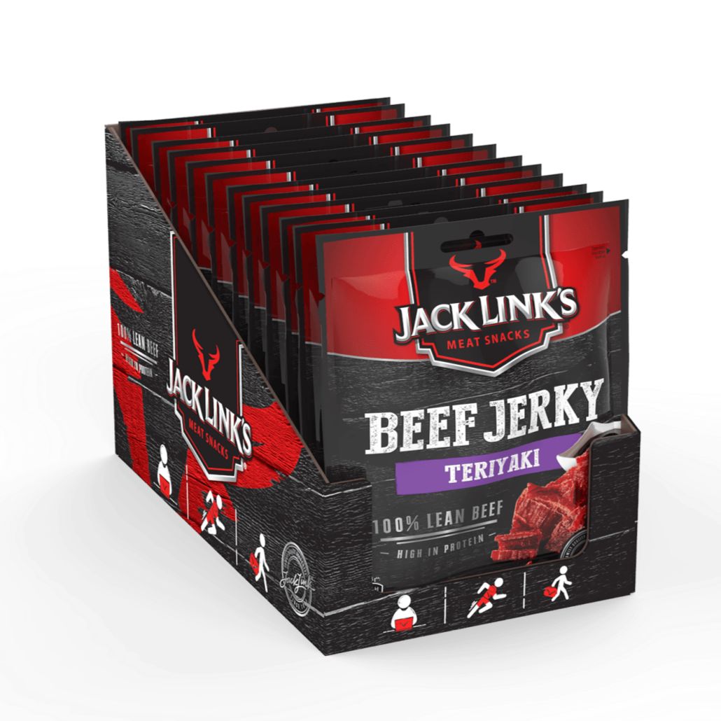 Verpackung mit Jack Link's Beef Jerky Teriyaki. Schwarze und rote Beutel in einem Display. Aufschrift: 100% mageres Rindfleisch.