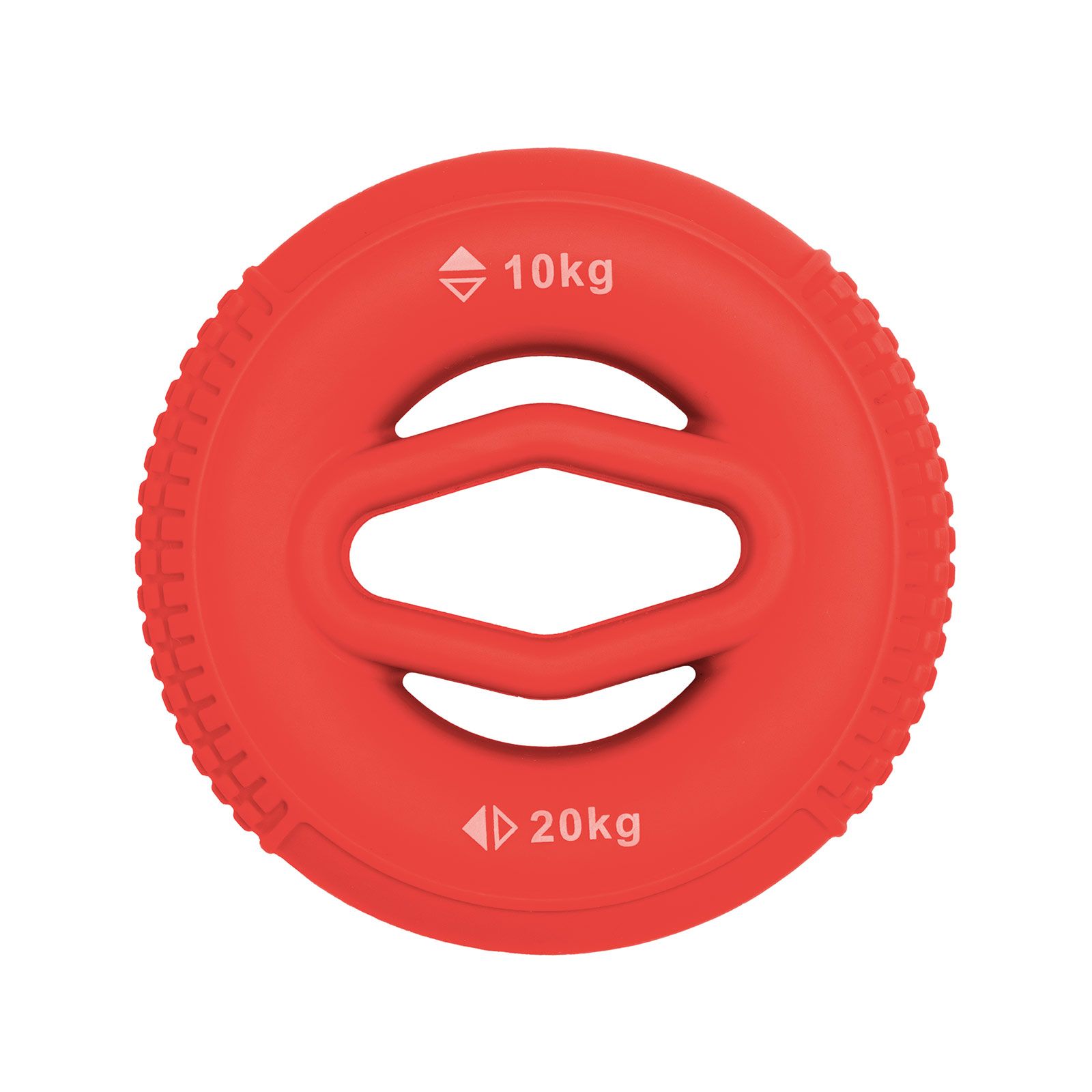 Roter Ring mit Griff. Gewichtsanzeigen: 10 kg und 20 kg. Geriffelte Außenkante.