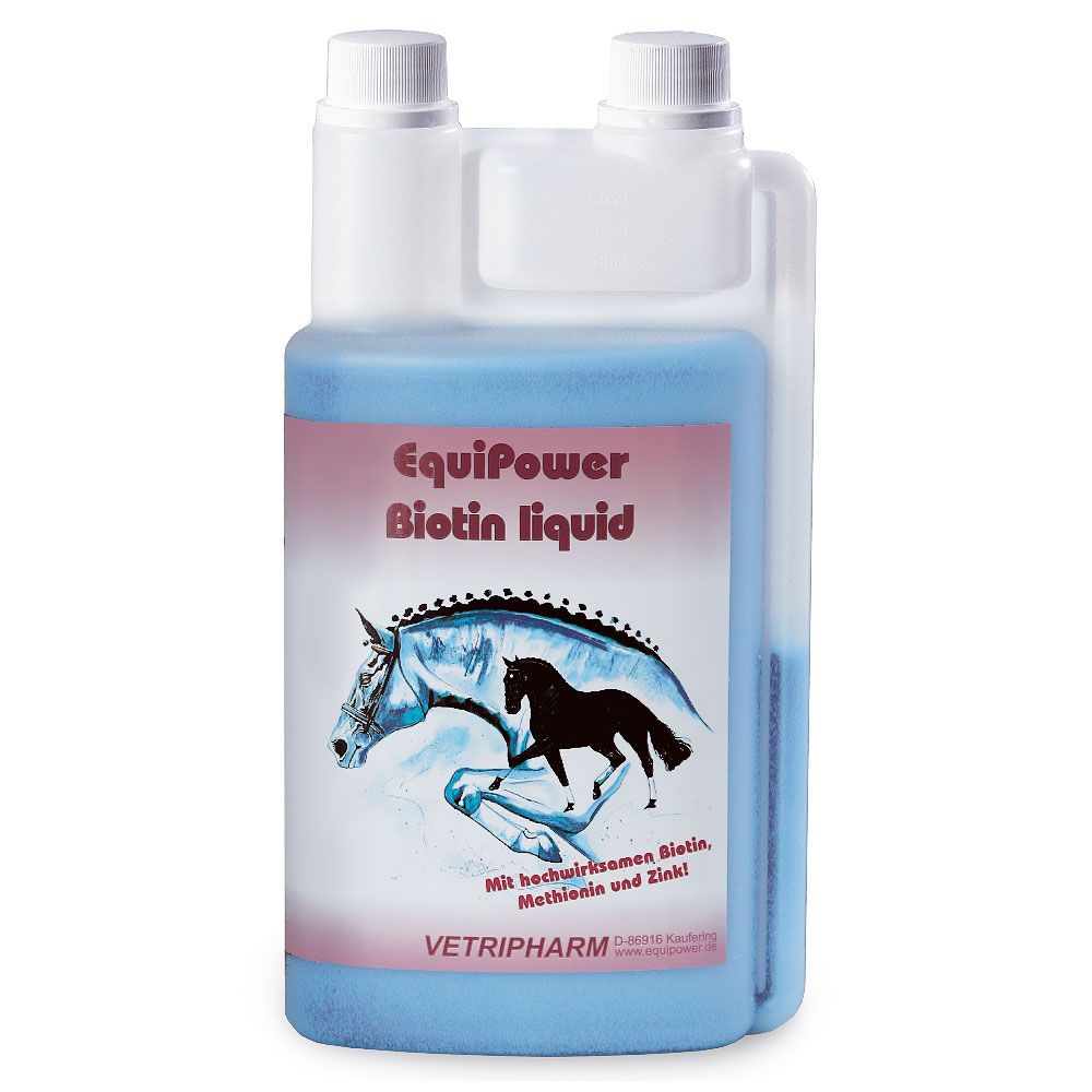 Flasche mit blauer Flüssigkeit. Aufschrift: EquiPower Biotin liquid. Abbildung von Pferden. Marke VETRIPHARM.
