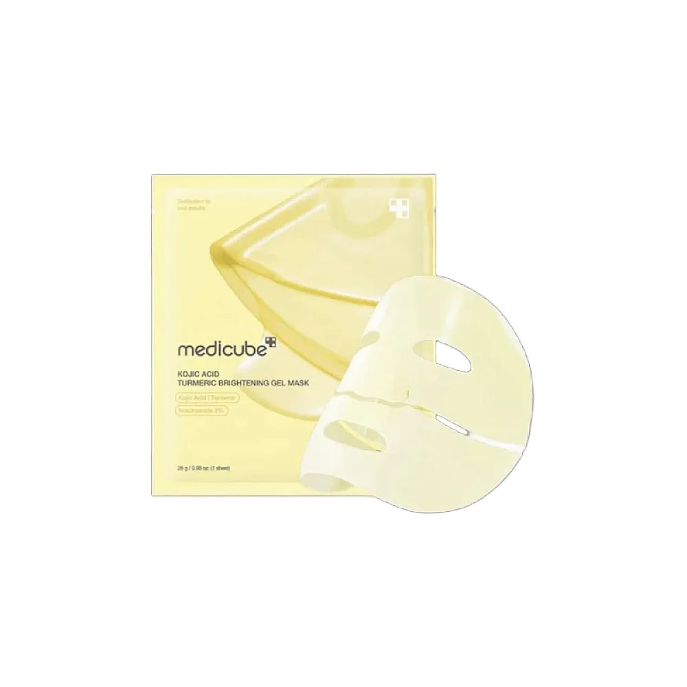 Verpackung und Maske. Auf der Verpackung steht "medicube Kojic Acid Turmeric Brightening Gel Mask". Die Maske ist weiß und hat Löcher für Augen und Mund.