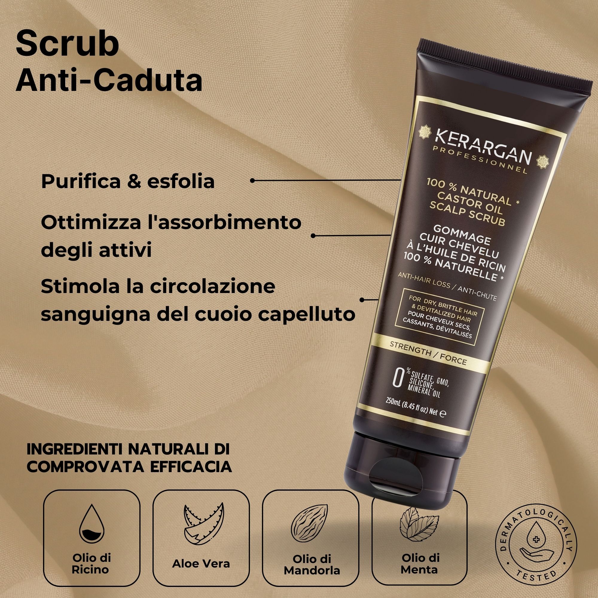 Tubo di peeling Kerargan. Tubo nero con etichetta dorata. Testo: 100% Natural Castor Oil Scalp Scrub.