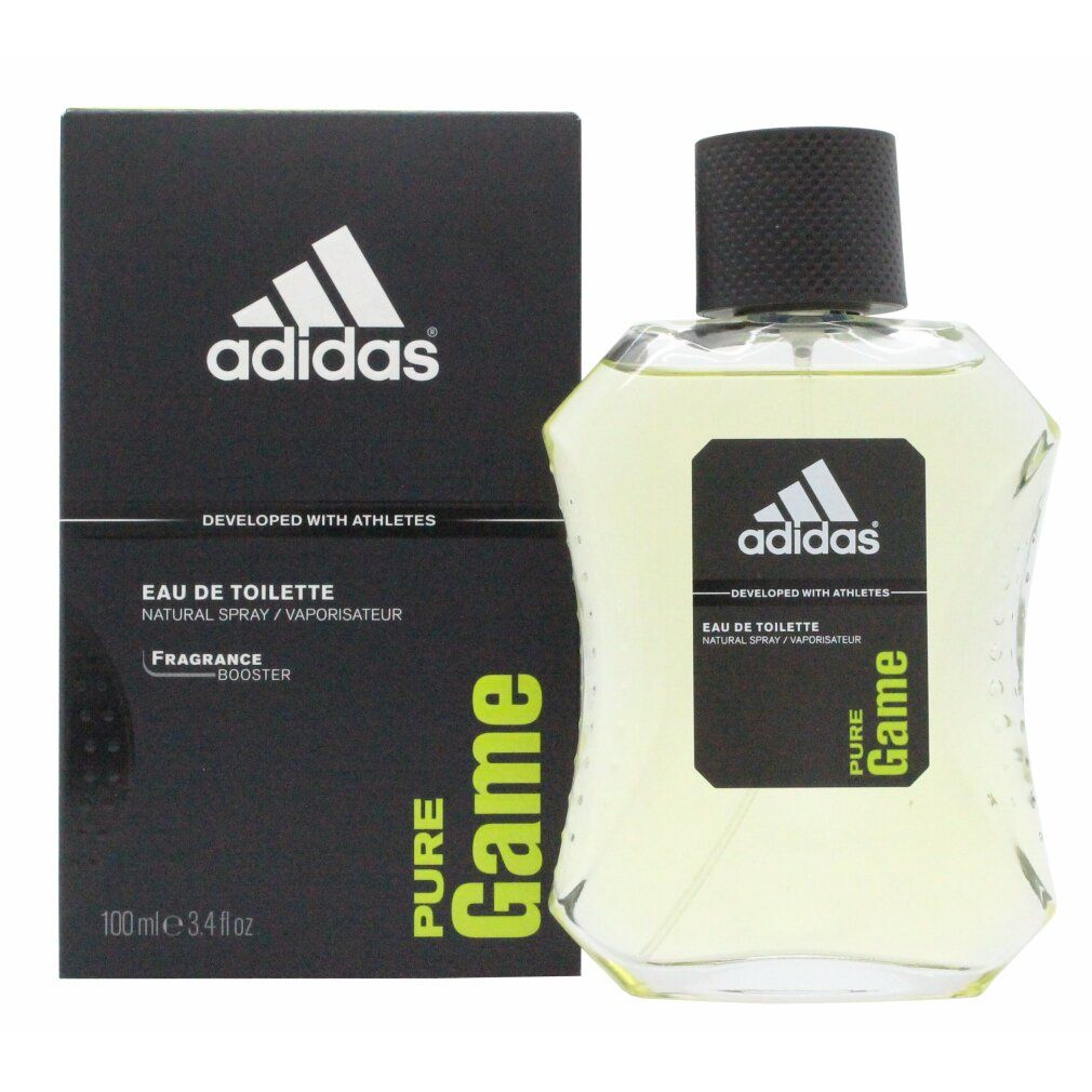 Eau de Toilette Spray von Adidas Pure Game. Flakon und Verpackung mit Logo und Schriftzug. Schwarze Verpackung.