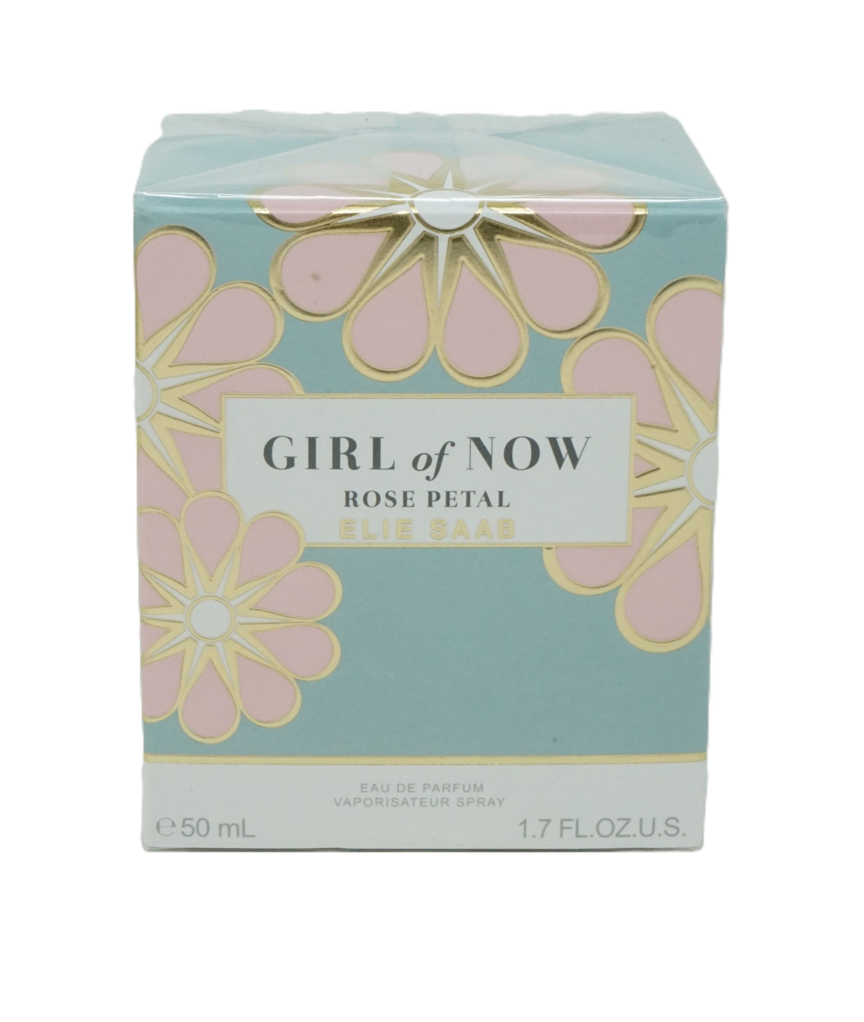 Verpackung von Girl of Now Rose Petal von Elie Saab. Blaue Schachtel mit Blumenmuster, Produktnamen.