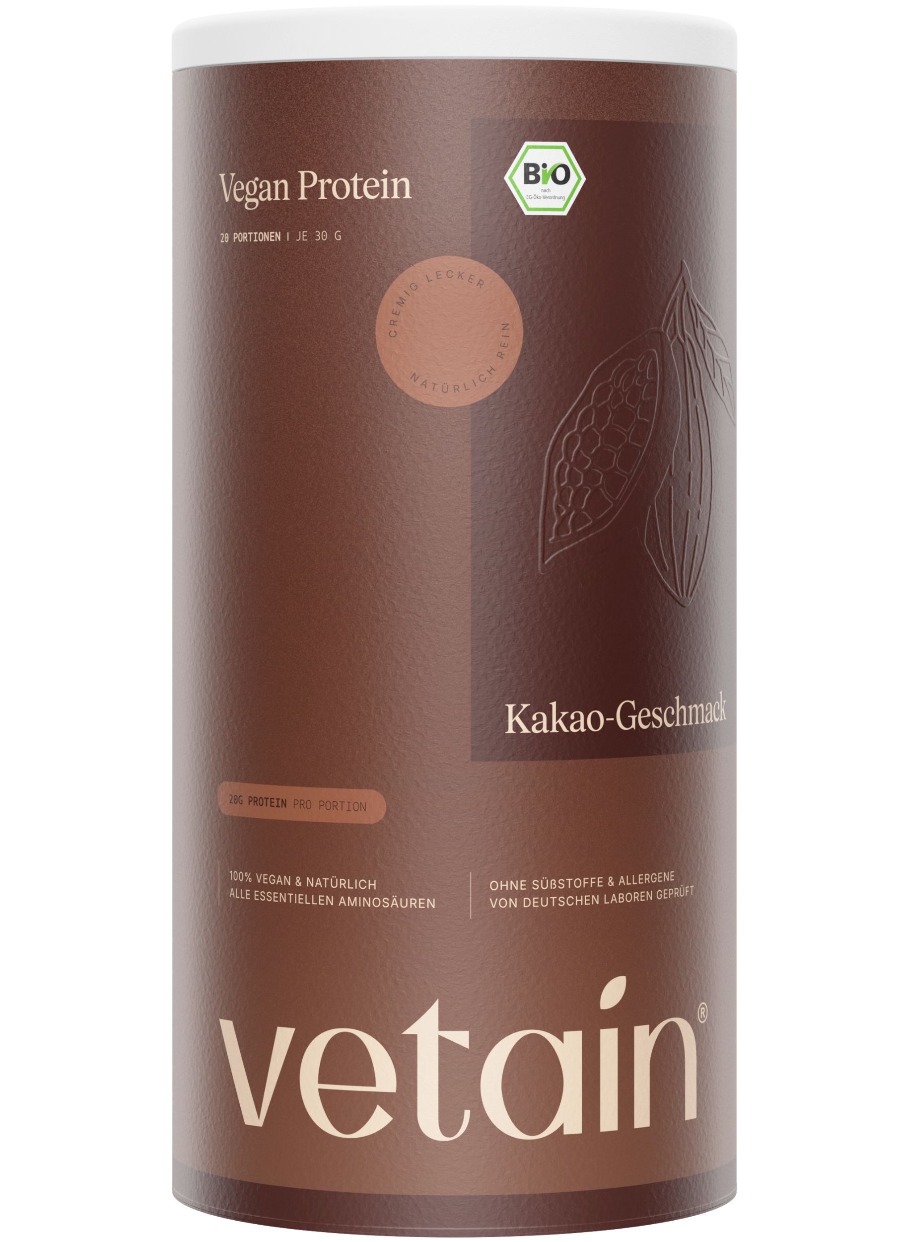Braune Dose mit Aufschrift Vegan Protein, Kakao-Geschmack, Bio-Siegel. Marke Vetain.