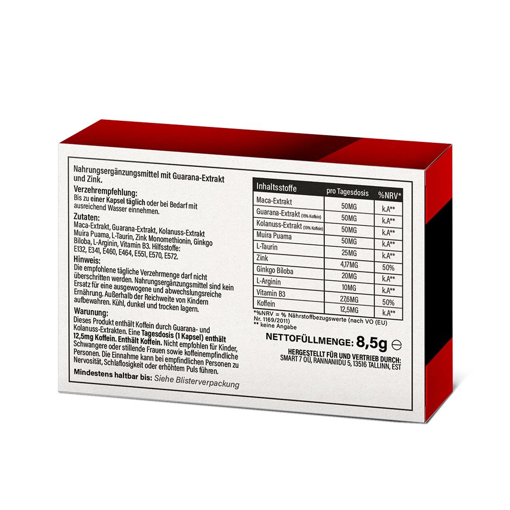 Verpackung mit Inhaltsstoffen und Nährwertangaben. Enthält Guarana-Extrakt, Maca-Extrakt, L-Arginin, Vitamin B3, Zink, und mehr.