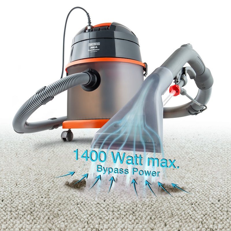 THOMAS FleckWasher, mit Text: 1400 Watt max. Bypass Power. Reinigung von Teppich mit Wasserstrahlen.