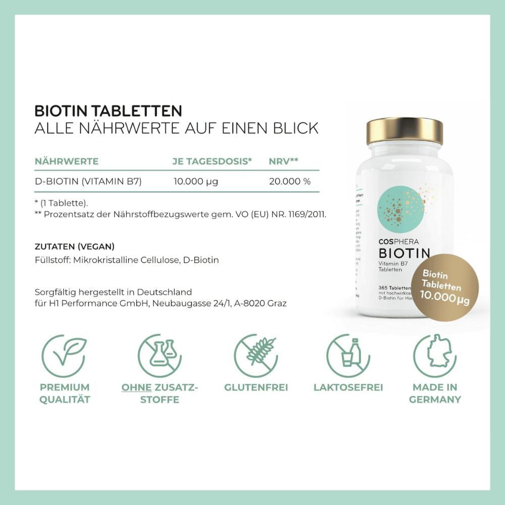 Weiße Flasche mit goldfarbenem Deckel. Aufschrift: Cosphera Biotin Vitamin B7 Tabletten. Daneben eine Tabelle mit Nährwertangaben und Logos.