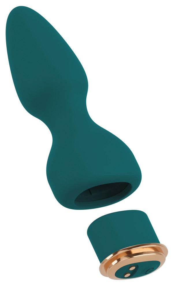 Teal-farbener Vibrator mit abnehmbarem Aufsatz und goldfarbenem Akzent.
