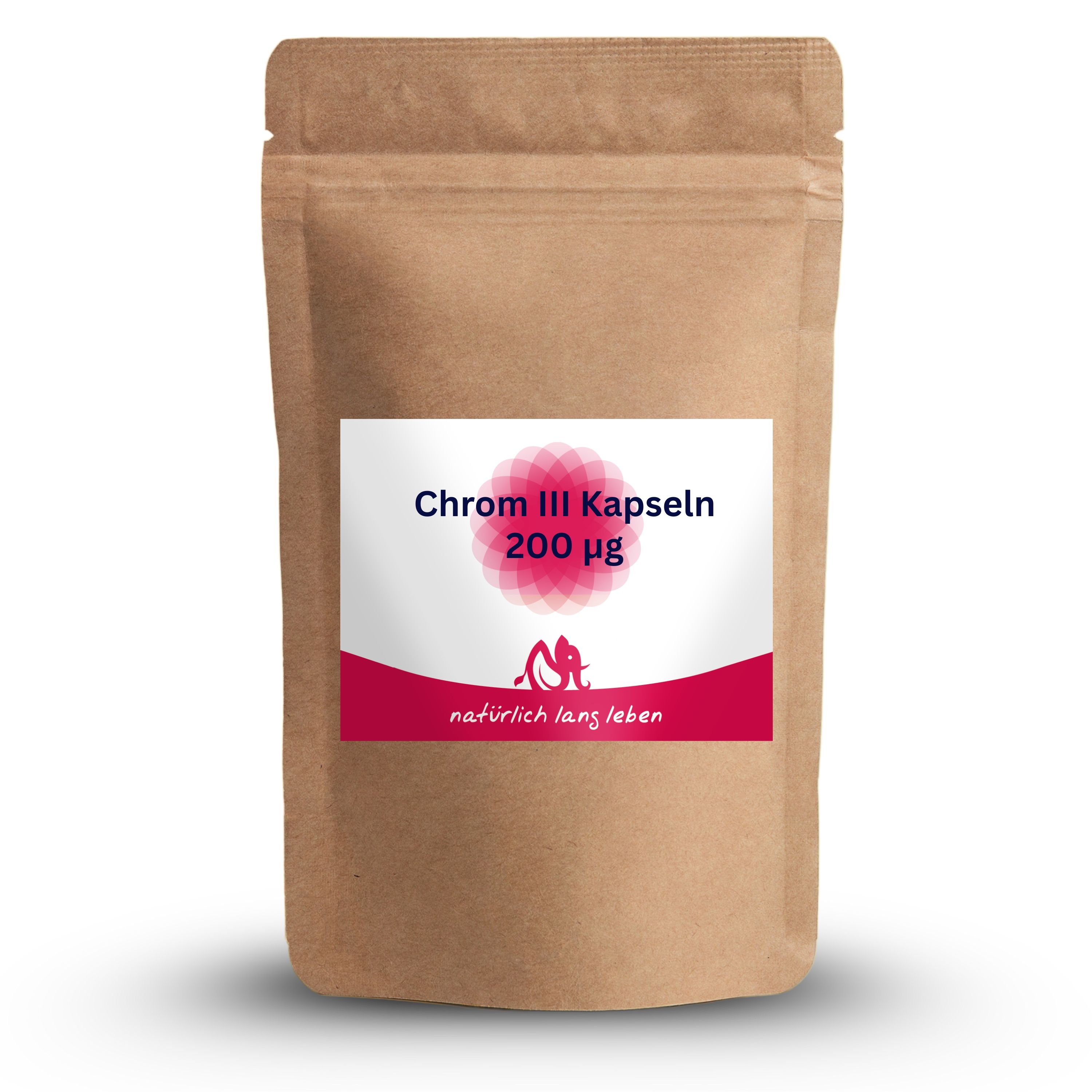 Braune Tüte mit Etikett. Aufschrift: Chrom III Kapseln, 200 µg. Logo und Schriftzug: natürlich lang leben.