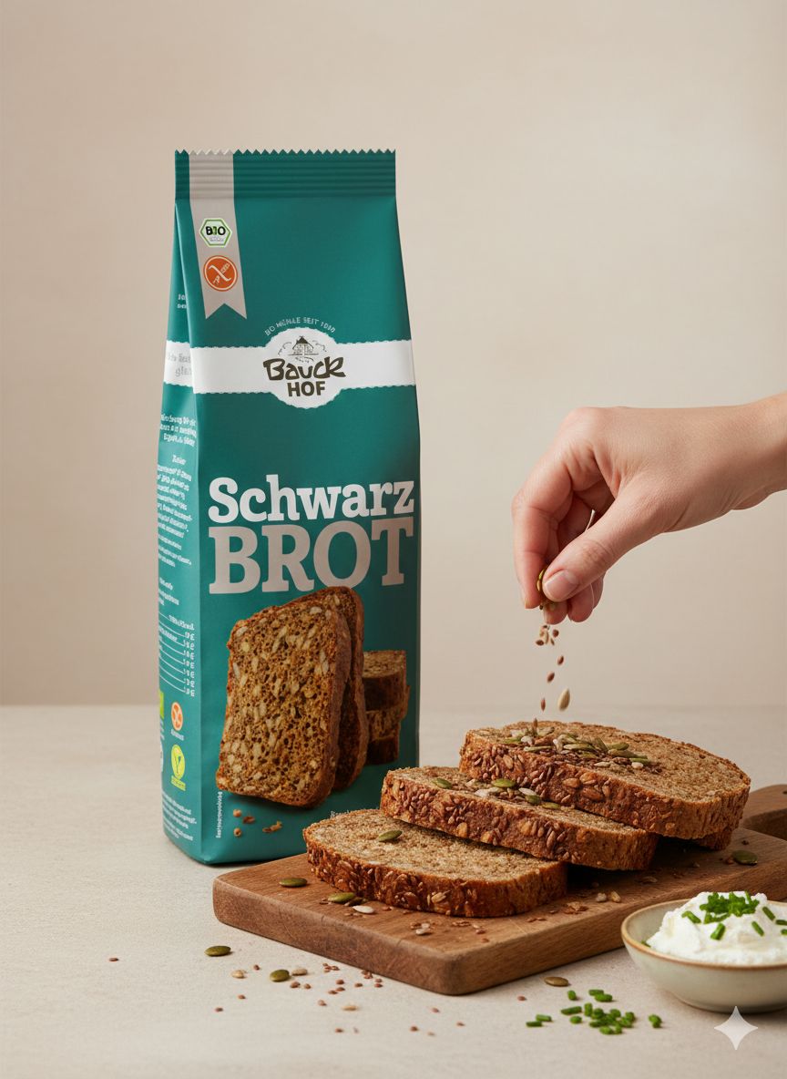 Bauckhof Schwarzbrot Backmischung glutenfrei: Tüte mit Scheiben und Saaten.