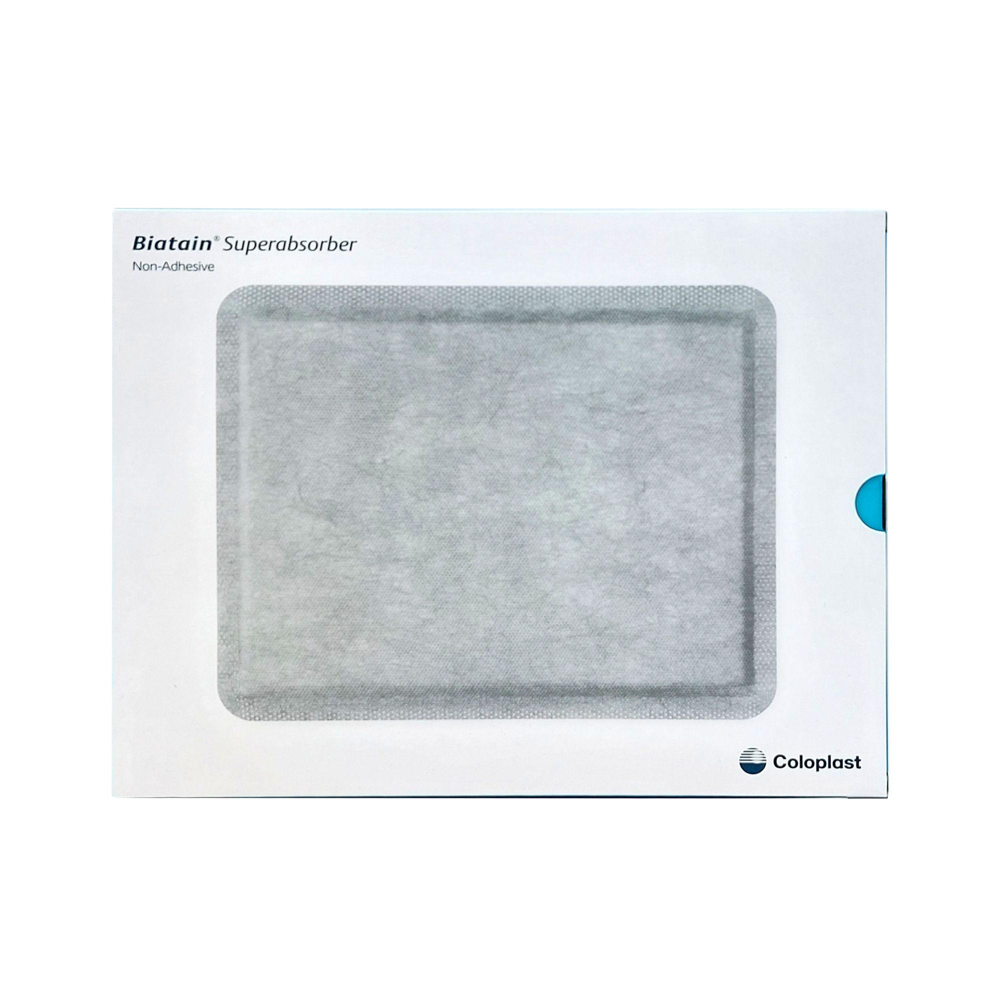 Verpackung mit BIATAIN Superabsorber, nicht-haftend. Rechteckige Form, grau. Coloplast Logo.
