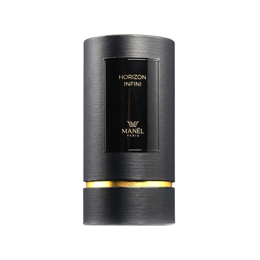 Zylindrische, schwarze Verpackung. Schwarzes Etikett mit goldener Schrift: Horizon Infini, Manel Paris.