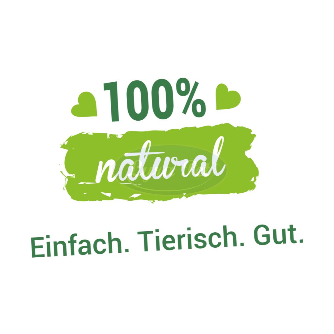 Logo mit grünem Hintergrund: 100% natural. Darunter: Einfach. Tierisch. Gut.