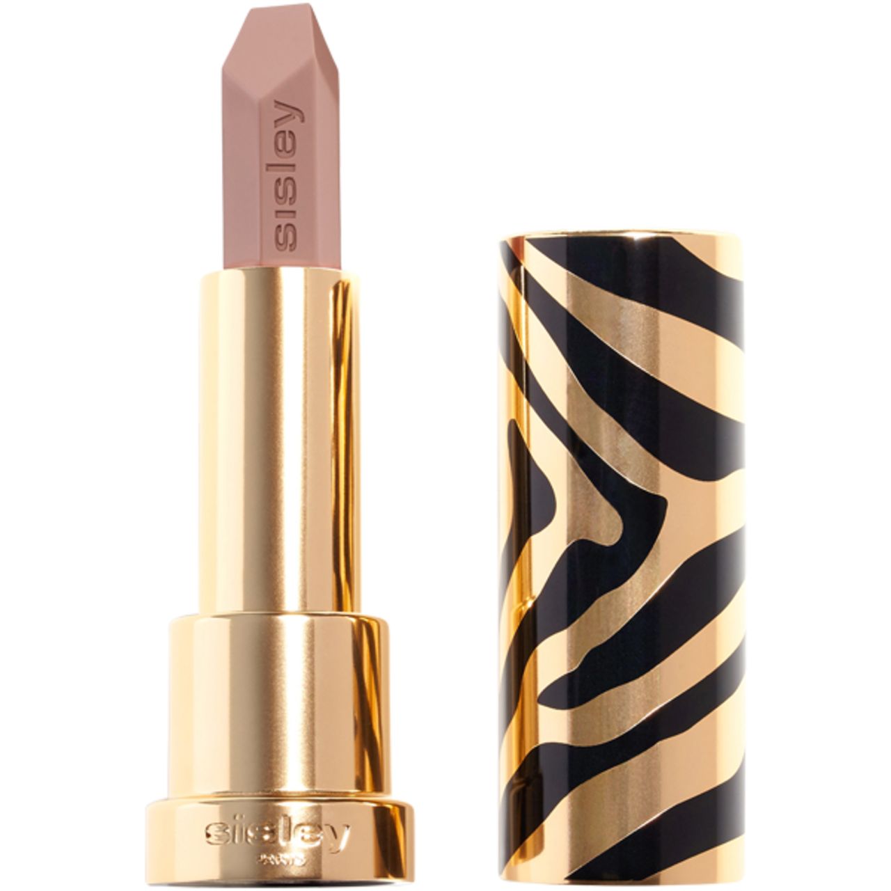 Lippenstift mit beiger Spitze, goldfarbener Hülse und Zebra-Muster. Marke: Sisley. Aufschrift: Sisley Paris.