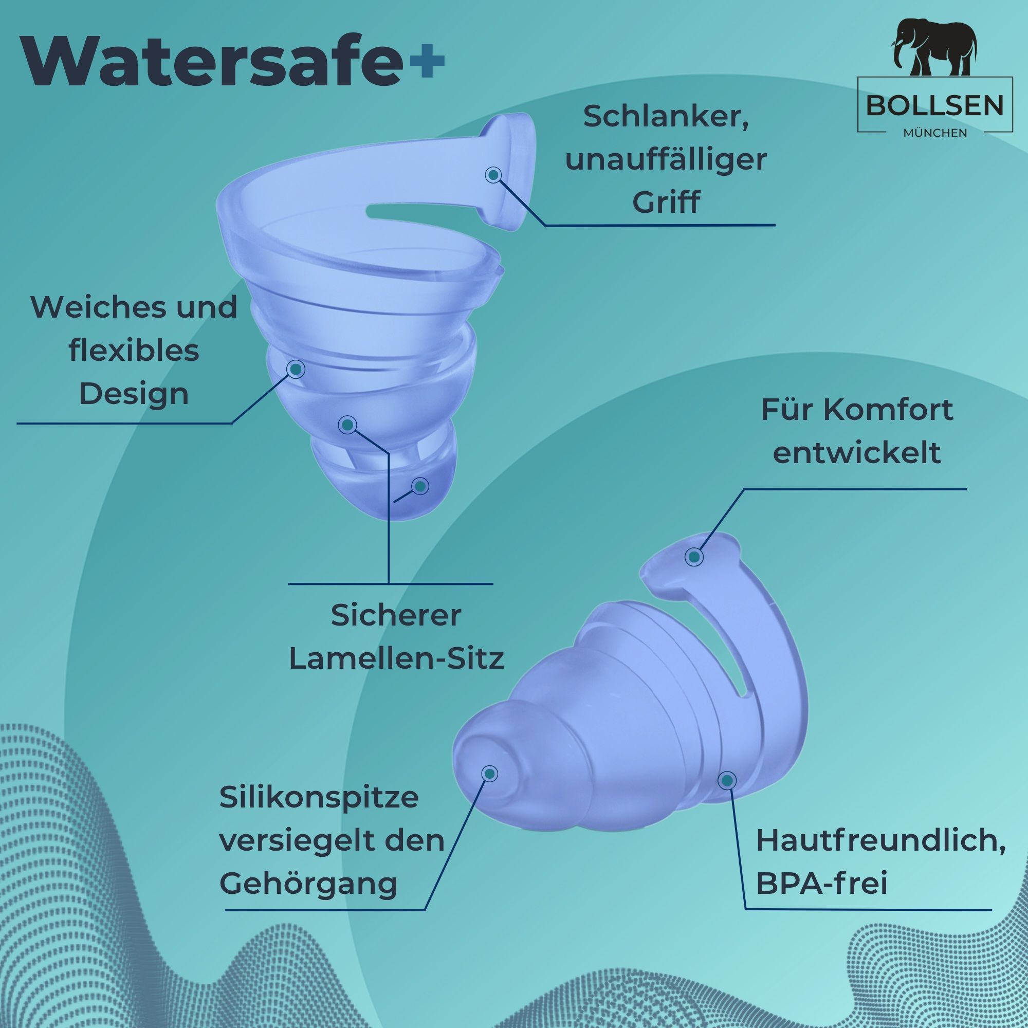 Detaillierte Ansicht der BOLLSEN Watersafe+ Ohrstöpsel aus medizinischem Silikon.
