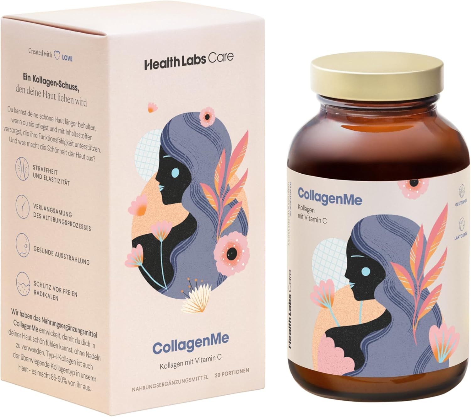 Braune Glasflasche und Schachtel mit Produktetikett. Text: CollagenMe. Aufschrift: Health Labs Care. Auf dem Etikett: Frau mit Blumen.