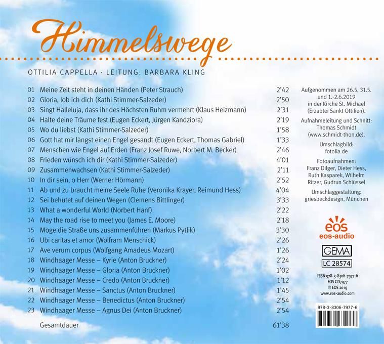 CD-Hülle mit dem Titel "Himmelswege". Auf der Rückseite sind Titel, Interpreten, Spieldauer und weitere Informationen aufgeführt.